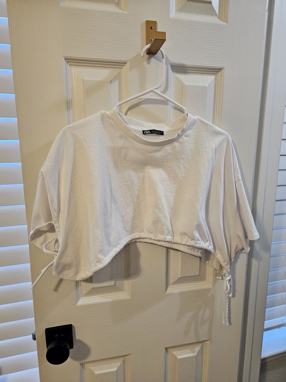 Zara White Cropped Drawstring Tee with Short Sleeves
